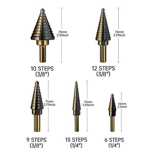 Step Drill Bits, 5PCS HSS Titanium Step Drill Bit Set, 50 Sizes High Speed Steel Step Bits for Metal with Aluminum Case