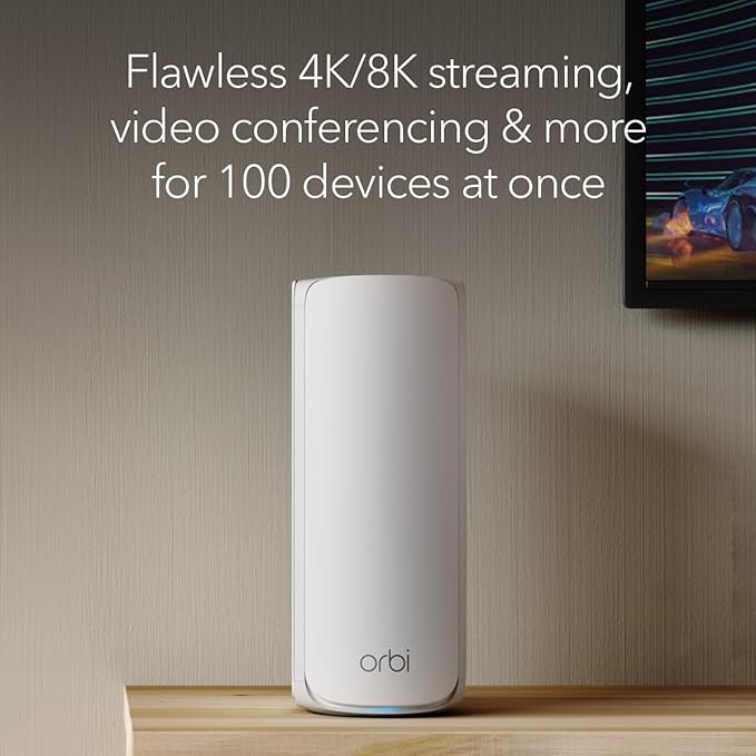 NETGEAR Orbi 770 Series Tri-Band WiFi 7 Mesh Network System (RBE773) - Router + 2 Satellite Extenders, Security Features, Up to 11Gbps, Covers up to 8,000 sq. ft., 100 Devices, 2.5 Gig Internet Port