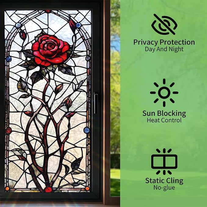 Gothic Rose Stained Glass Window Film 17.71x39.97 Inch Red Flower Static Cling - Image 2