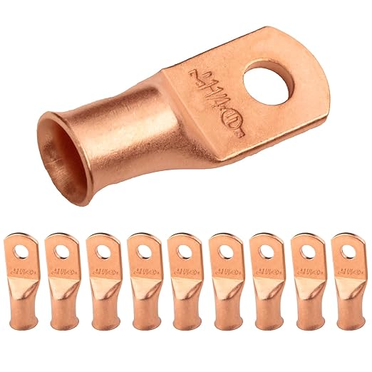 SELTERM 10pcs 1 AWG - 1/4" Stud - Battery Lugs, Heavy Duty Wire Lugs, Ring Terminals, Battery Cable Ends,1 Gauge Terminals, UL Bare Copper Eyelets Electrical Battery Terminal Connectors