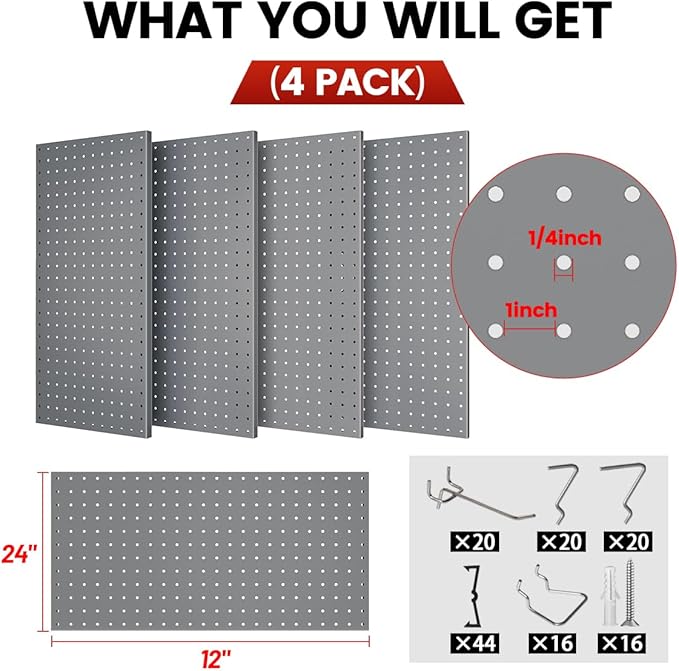 Pegboard, Metal Peg Board, Pegboards Wall Organizer with 76 Pcs Hooks, Sturdy Peg Board for Garage Tool Organization, Home & Office Wall Decoration (Grey, 4 Pack)