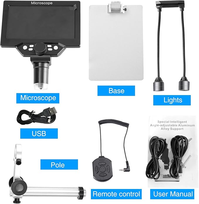 Koolertron 7 inch LCD Digital Microscope with 32G TF Card, 12MP 1080P USB Microscope Camera with Remote Control, PC View, Fill Lights for Coin, Plant, Rock, Circuit Board