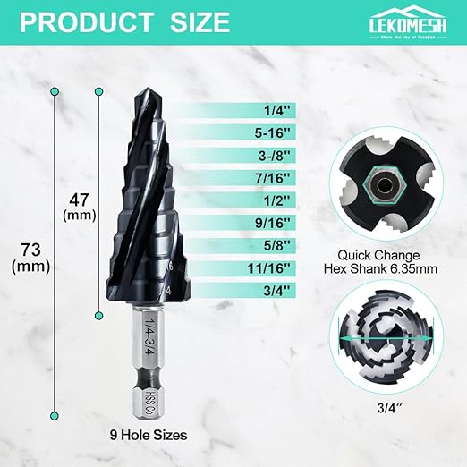 Cobalt Step Drill Bit - 1/4"-3/4" Four Spiral Flute Cobalt Step Drill Bit M35 with Impact Ready Unibit for Stainless Steel Metal Aluminium Copper Wood Plastic
