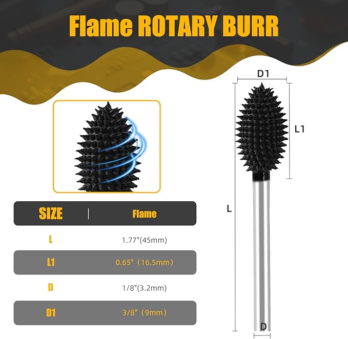 CAELUM 1 Pcs Flame Rotary Burr Kit, 1/8" Shaft, Very Coarse - Woodworking Attachment for Dremel, Foredom, DeWalt, Milwaukee Tools, Carving Burrs for Carving Engraving in Wood, Rubber, Plastic