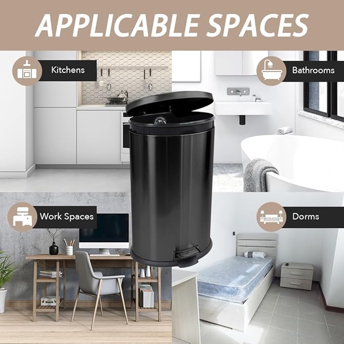 Trash Can with Lid - Assembled in USA 40 Liter/10.5 Gallon Stainless Steel Trash Can with Odor Protection Kitchen Garbage cans with Soft-Close Foot Pedal for Bathroom Home Office, Black