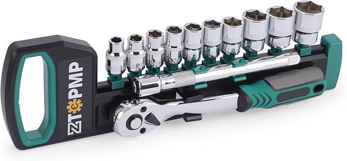 3/8 Inch Drive Ratchet, 72-Tooth Reversible, Quick Release Ratchet Wrench, w/ 10pcs Metric Sockets (8mm-21mm) and Extension Bar, CR-V Steel