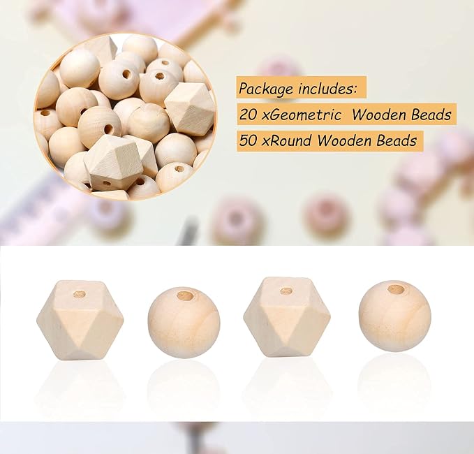 20mm Unfinished Wooden Beads, 20 Geometric and 50 Round Polygon Wood Beads - Image 4