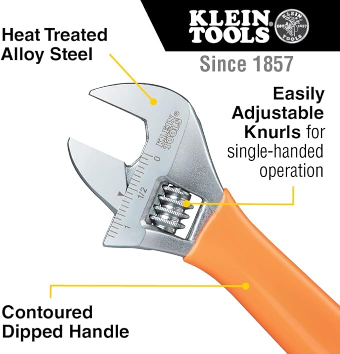 Klein Tools O50710 Adjustable Wrench, Precision Forged 1 1/2-Inch Extra-Capacity Jaw, SAE and Metric Scales, Plastic-Dipped Handle, 10-Inch