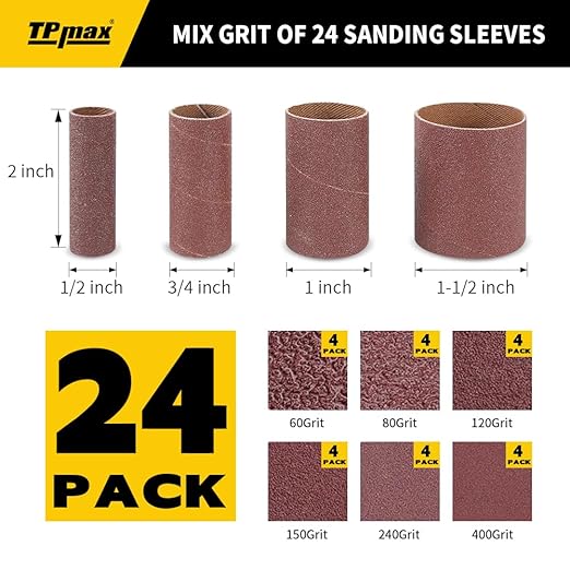 24-Pack Assorted Grit Spindle Sanding Sleeves - 2-Inch Length - Various Diameters of 1/2 in, 3/4 in, 1 in, and 1-1/2 inches