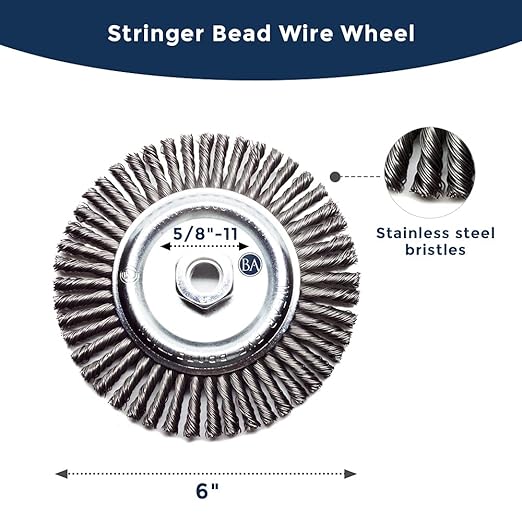 Benchmark Abrasives 6" x 1/4" Stringer Bead Wire Wheel with 5/8"-11 Thread, for Weld Cleaning, Weld Spatter Removal, Stripping, Deburring, Use with Angle Grinders - (6" x 1/4", Stainless) (Stainless)