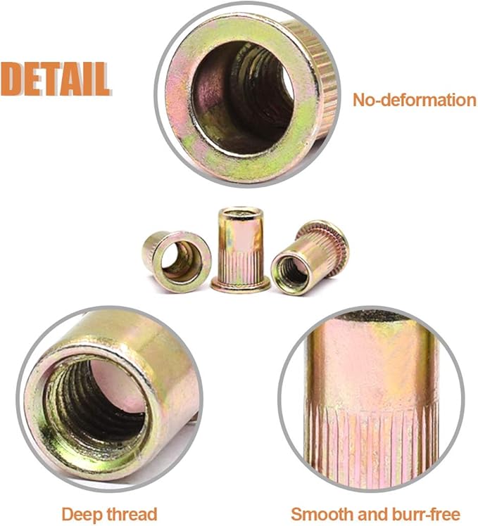 Keadic 150Pcs M3 Rivet Nuts Metric Zinc Plated Rivet Nut Carbon Steel Rivet Nut Flat Head Threaded Insert Kit Threaded Rivet Insert Nutsert Rivnuts Kit for Furniture