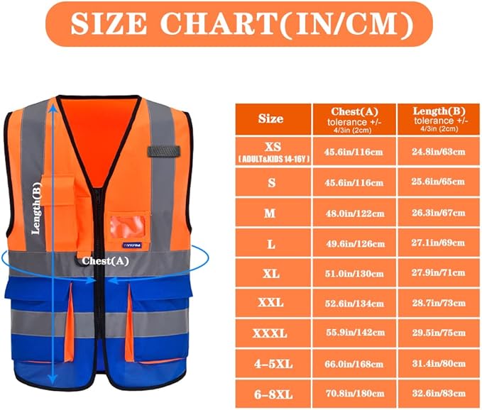 Orange Blue XSMALL High Visibility REFLECTIVE WORK Safety Vest with zipper Reflective Strips 7 Pockets