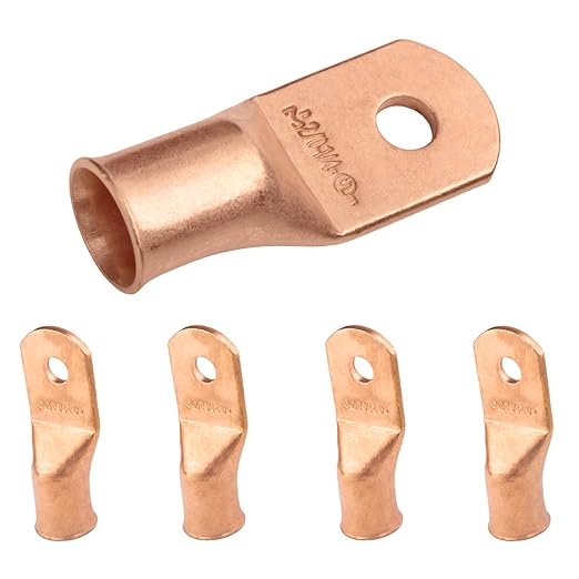 SELTERM 5pcs 2/0 AWG 1/4" Stud Copper Wire Lugs, Ring Terminals, Battery Cable Ends, 00 Gauge Ring Terminal Connectors, UL Heavy Duty Bare Copper Eyelets Battery Terminal Connectors