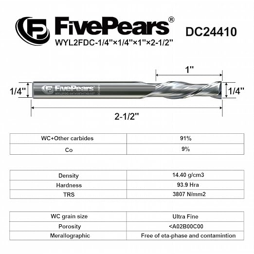 FivePears Down Cut Spiral Router Bit for CNC, 1/4 inch Cutting Diameter and 1 inch Cutting Length 1/4 inch Shank Carbide End Mill Router Bit for Wood Carving Engraving Grinding Grooving