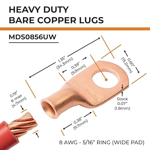 SELTERM 2pcs 8 AWG 5/16" Stud (Wide Pad) Copper Wire Lugs,Battery Lugs,Ring Terminals,Battery Cable Ends, 8 Gauge Ring Terminal Connectors,UL Heavy Duty Bare Copper Eyelets Battery Terminal Connectors
