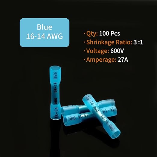 16-14 AWG Heat Shrink Butt Connectors - 100Pcs Blue Insulated Waterproof Electrical Marine Automotive Wire Splice Connector Crimp Wiring Terminals