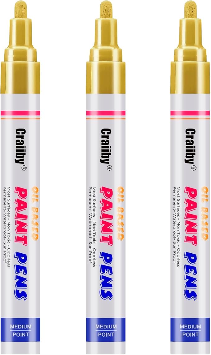 Gold Paint Markers, 3 Pack Oil-Based Waterproof Quick Dry Permanent Paint Pen by Craiiby