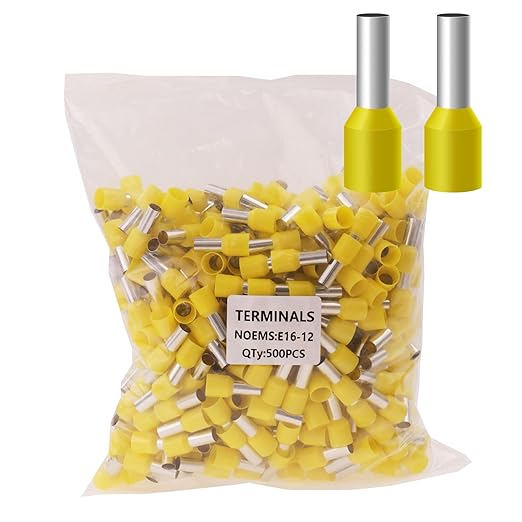 500pcs AWG 6/16.0mm² Wire Ferrules Terminals, AWG6 Terminal Connector Wire Insulated Cord Pin Ends Terminals for Electric, Industrial, Chemical Industry, etc. Yellow