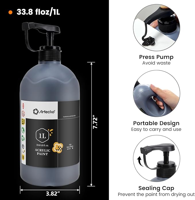 Artecho Mars Black Acrylic Paint 1000ml / 33.8 fl oz Pump Dispenser | Large - Image 4