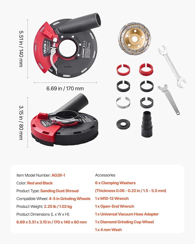 VEVOR Grinding Dust Shroud for Angle Grinder, Universal 4-5 in, Surface Grinder Dust Shroud with 6 Clamping Washers & 5 in Diamond Grinding Cup Wheel, Connect to Vacuum Cleaner, for Wood Concrete Wall