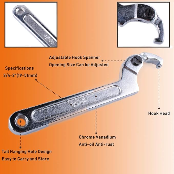 Adjustable C Spanner Hook Wrench Tool, Chrome Vanadium 3/4-2"(19-51Mm)+2-4 3/4"(51-121Mm) Spanner Set-Used to Tighten Side Slot Nuts on Collars, Lock Nuts and Bearings Collets