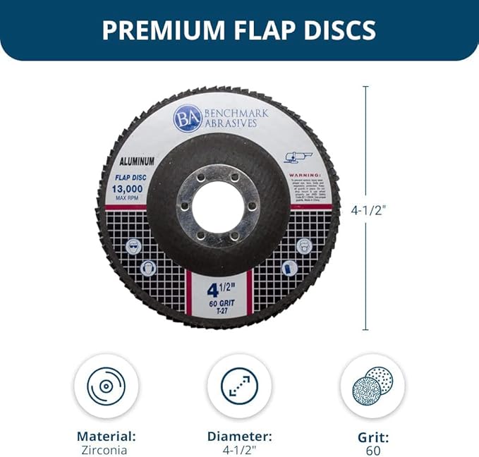 Benchmark Abrasives 4.5" x 7/8" Stearate Coated Type 29 Flap Discs for Aluminum or Other Soft Metals, Angle Grinder Discs for Sanding, Finishing, Grinding, Deburring (10 Pack) - 60 Grit