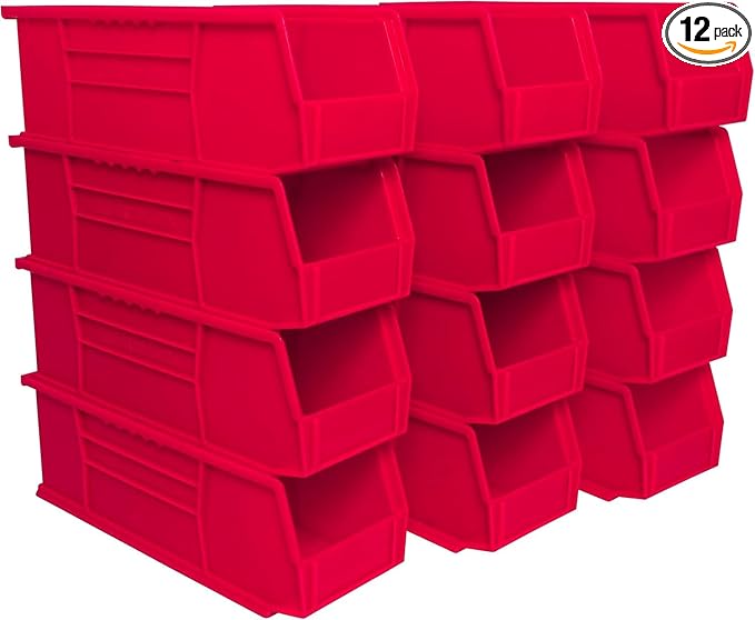 Akro-Mils 30234 AkroBins Plastic Storage Bins, Space-Saving Stackable Bins for Garage, Pantry, Craft Organization, 15-" x 5-" x 5-", Red, 12-Pack