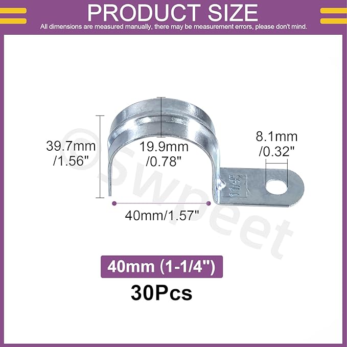 Swpeet 30Pcs 1-1/2"(40mm) Zinc Plated One Hole EMT Pipe Strap Kit, Pipe Straps U Bracket Tube Strap Pipe Clamp 1 Hole Snap On Pipe Strap Conduit Clamps Tension Clips for Fixing EMT Conduit Pipe