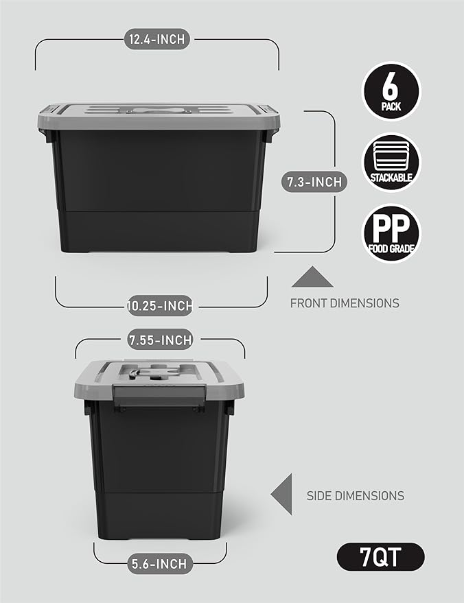 WYT 7 Quart Storage Bins with Lids and Latch, 6-Pack Stackable Plastic Organizing Box with Buckle and Handle, Durable Nestable Totes Containers (Black/Grey)