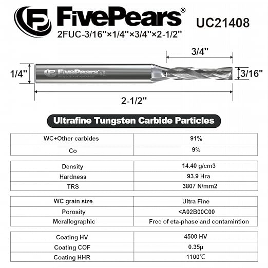 FivePears Up Cut Spiral Router Bit for CNC,3/16 inch Cutting Diameter and 3/4 inch Cutting Length 1/4 inch Shank Carbide End Mill Router Bit for Wood Carving Engraving Grinding Grooving