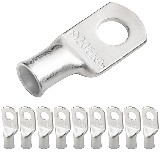 SELTERM 10pcs 2 AWG-3/8 Stud (Wide Pad) Tinned Copper Wire Lugs,Heavy Duty Battery Cable Ends,2 Gauge Ring Terminals,UL Battery Lugs Marine Grade Copper Eyelets Electrical Battery Terminal Connectors