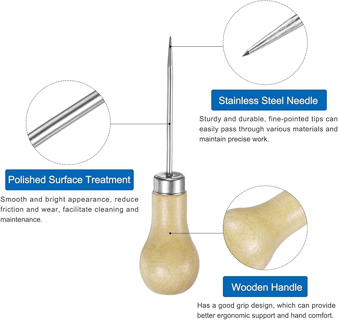 HARFINGTON Handwork Sewing Awl Single Gourd Awl Leather Punch Hole Tool with Wooden Handle Scratch for Broken Wire Make Mark Drilling Stitching Repair and DIY Handmade, Log Color