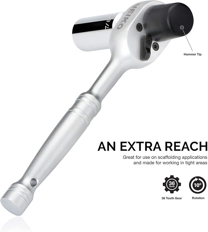 Neiko 03029A 1/2" Scaffold Ratchet Wrench | 9.5” Length | 36 Tooth Hammer Tip Head | Includes 7/8” 6 Point Deep Socket | Cr-V Steel …