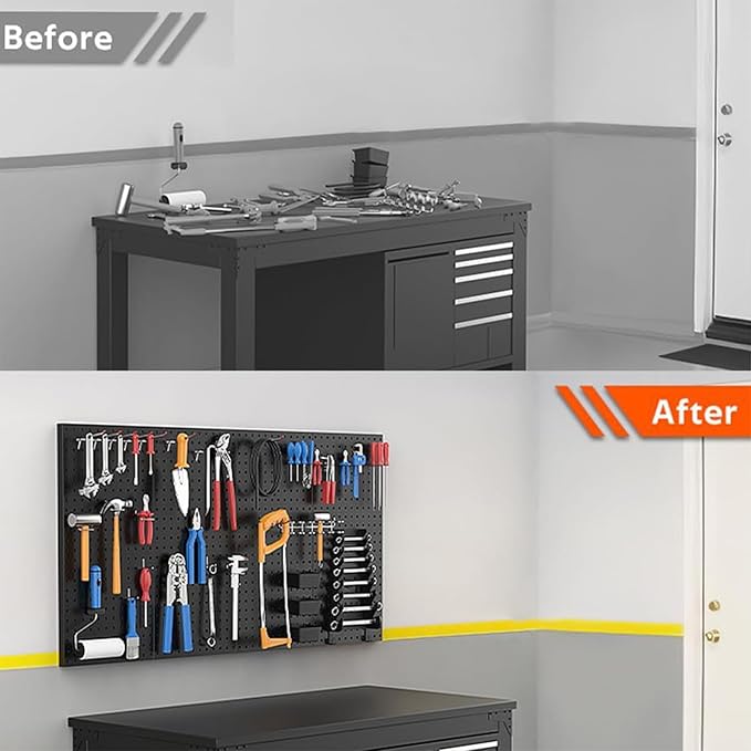 2 PCS Metal Pegboard Wall Storage Shelves 24x12 Inches with 50 PCS Pegboard System for Garage Organization Black Pegboard Hooks for Efficient Tool Storage and Workbench Organization（black）