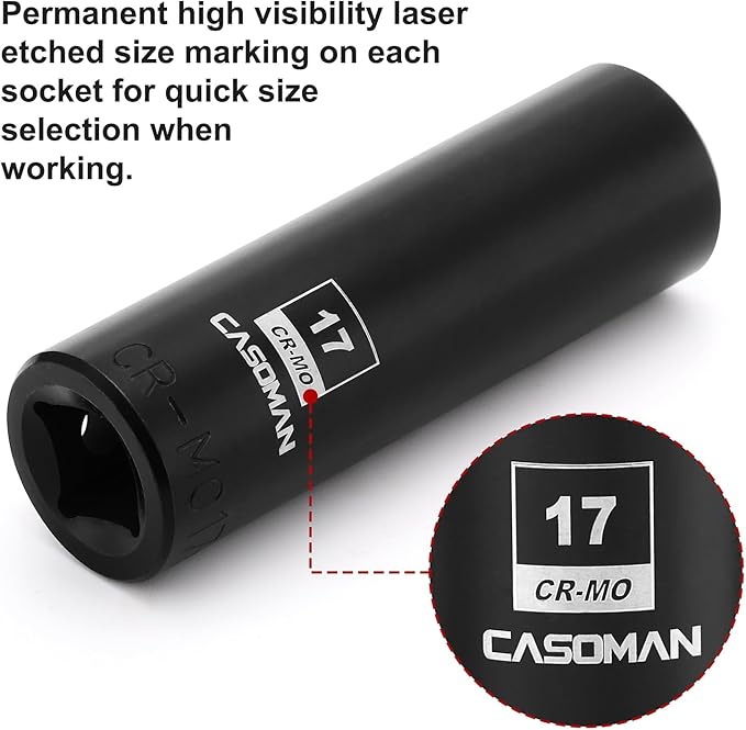 CASOMAN 1/2-Inch Drive x 17mm Deep Impact Socket, 2PCS Set, 6-Point, Metric, CR-MO