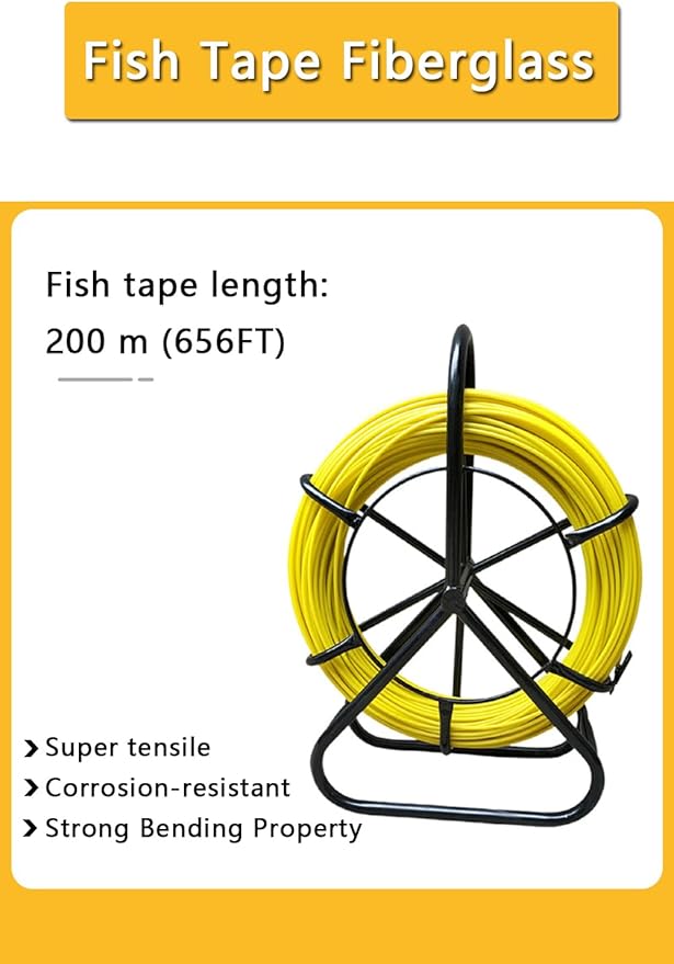 Fish Tape Fiberglass 6mm 656ft wire cable running electrical fish tape wire puller Cable Running Rod with Steel Reel Stand 【6mm*200m】