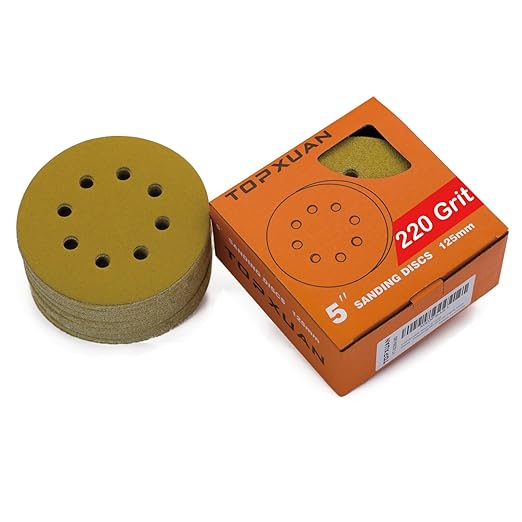 Orbital Sander Paper 5 Inch 8 Hole 220 Grit Sanding Disc,Hook and Loop Wet/Dry Gold Replacement Sandpaper,Suitable for Wood,Plastic Grinding and Polishing,Pack of 50