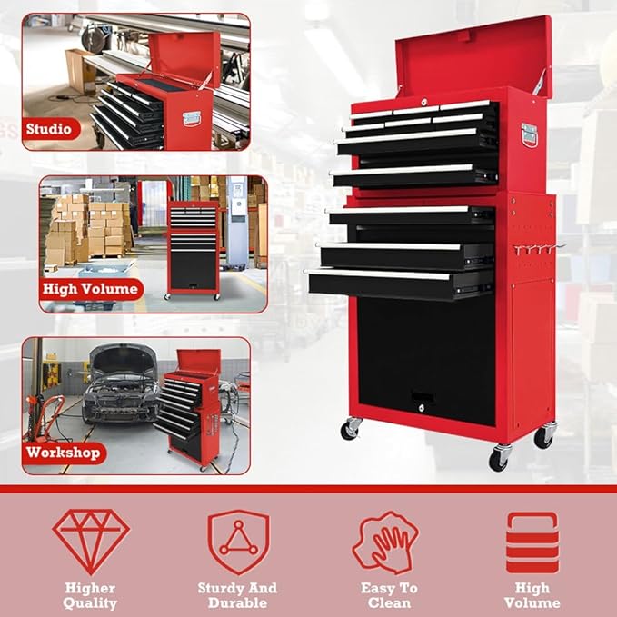 13 Drawer Rolling Tool Chest with Wheels, 2 in 1 Detachable Tool Chest with Drawers, Large Tool Box with Lock, Metal Tool Cabinet for Garage Workshop(Red-Black)