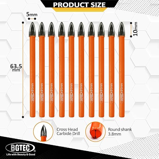 Carbide Tip Drill Bit-BGTEC Wood Drill Bits, 10pcs Round Shank 3/16" Cross Hard Alloy Drill Bits for Wood Plastic Masonry Brick