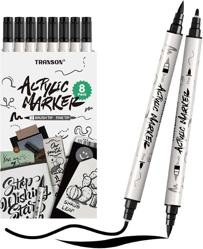 TRANSON 8 Pack Black Brush and Fine Dual-tip Acrylic Paint Marker by Transon