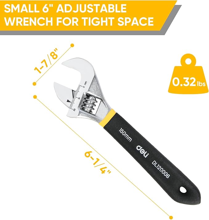 deli 6" Adjustable Wrench Heavy-Duty Chrome - Anti-Slip Grip, Smooth-Jaw, Cr-V Steel, Wide Opening for Plumbing & DIY
