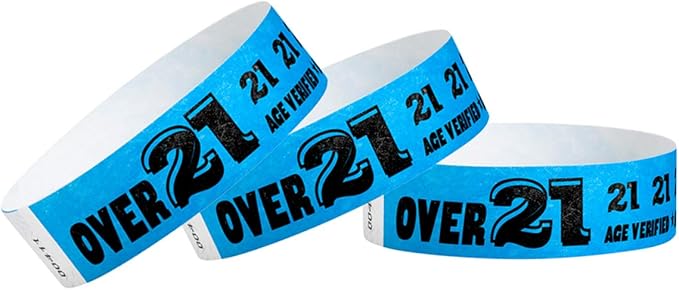 200 WristCo Over 21 Neon Blue Tyvek Wristbands for Events - ¾” x 10” - Waterproof Recyclable Comfortable Tear Resistant Paper Bracelets Wrist Bands for Concerts Festivals Admission Party