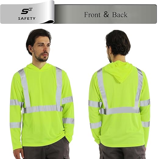 sesafety Safety Long Sleeve Construction Shirts for Men, Class 3 High Visibility Safety Shirt Work, Hi Vis Reflective Shirts with Hoodie Breathable Yellow L