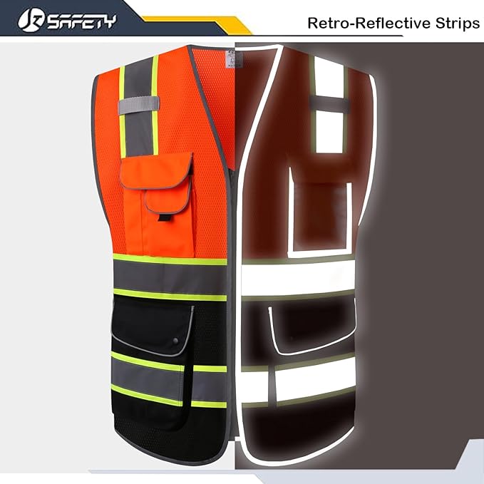 JKSafety 9 Pockets Hi-Vis Fluorescent Color Mesh Reflective Safety Vest for Men Women | Chaleco de seguridad para hombres y mujeres (100-Orange-Black 4XL)