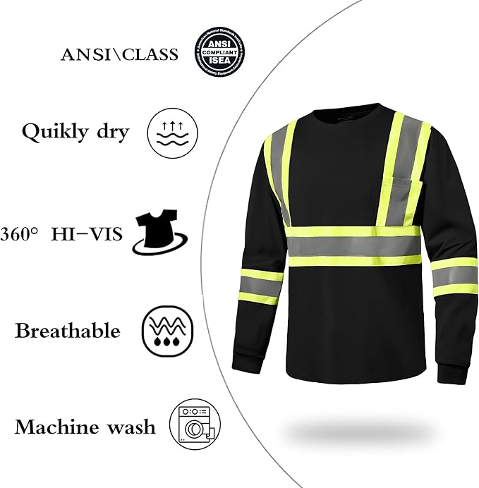 Hi Vis Safety Long Sleeve Shirts，High Visibility Class 3 T Shirts with Reflective Strips and Pocket, Quick Dry Mesh Construction Work Shirt for Men/Women (Black,2XL)