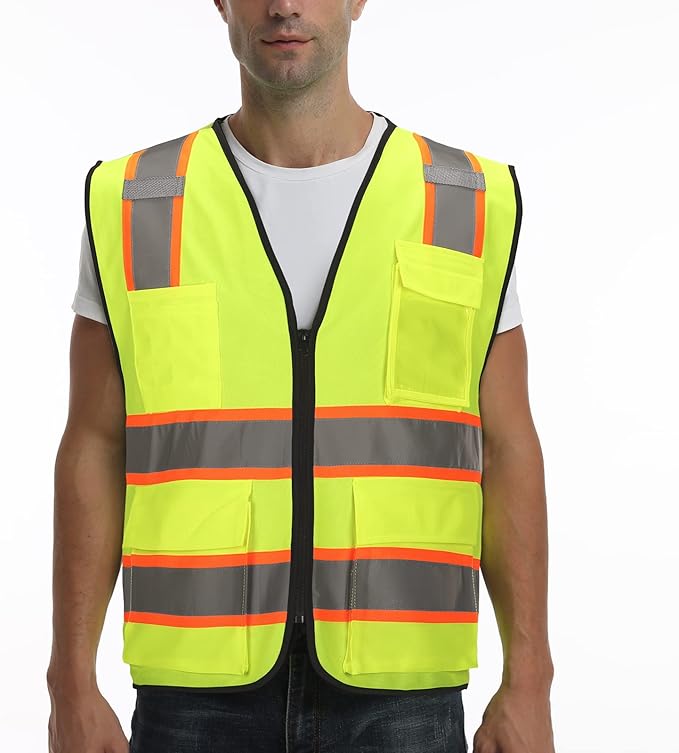 High visibility Class 2 Safety Vest，Hi Vis Vest with 2 inch wide Reflective Strips，Construction vest for men