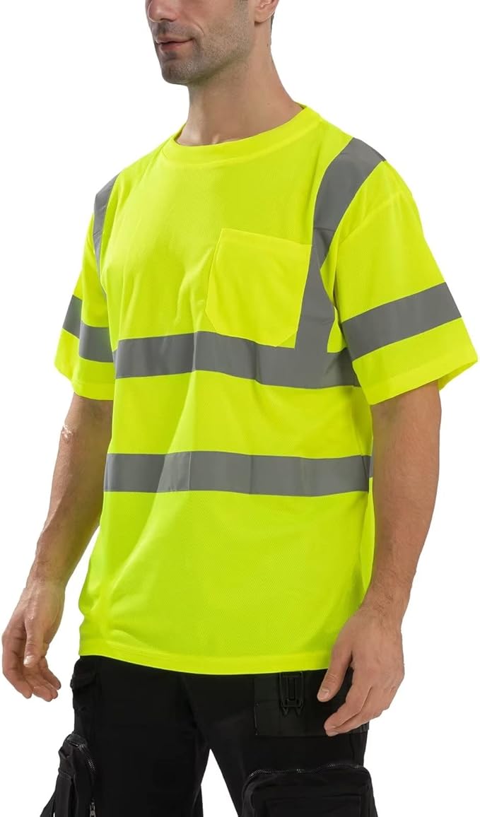 High Visibility Class 3 T Shirts，Hi Vis Safety Shirts with Reflective Strips and Pocket, Short Sleeve Quick Dry Mesh Construction Work Shirt for Men/Women Lime,3XL