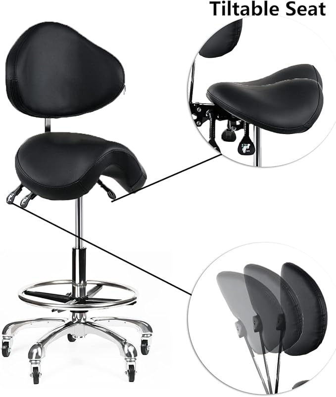 Saddle Stool Rolling Chair Tall with Backrest Foot Rest Hydraulic Swivel Adjustable Height Ergonomic Tilt Thick Seat with Casters for Dental Hygienist Eyelash Technician Hairstylist Black