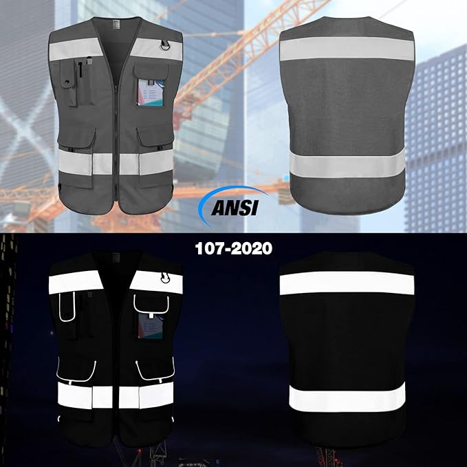TCCFCCT High Visibility Vest 9 Pockets Hi Vis Reflective Safety Vest for Men Women, Construction Vest with Reflective Strips, Meets ANSI/ISEA Standards, (Grey, Small)