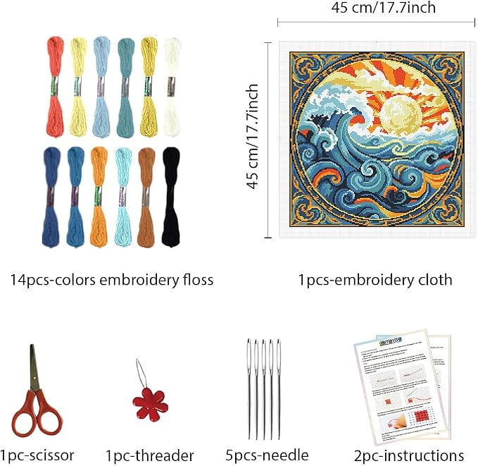 FREEBLOSS 11CT Stamped Cross Stitch Kits Sunrise&Waves Cross Stitch Wall - Image 2